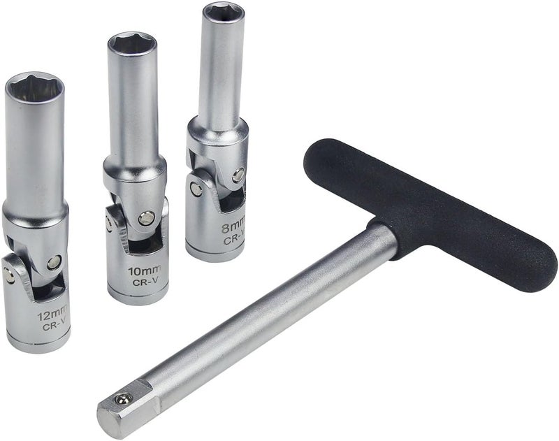 UTMALL 4 Piece Glow Plug Socket Set with 3/8" Dr T-Bar, Glow Plug Sizes (8mm, 10mm, 12mm) Ideal Broken Glow Plug Removal Tool - Image 1